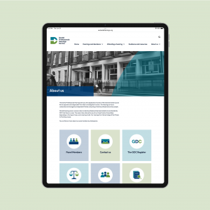 The About us page of the Dental Professionals Hearings Service shown on a tablet
