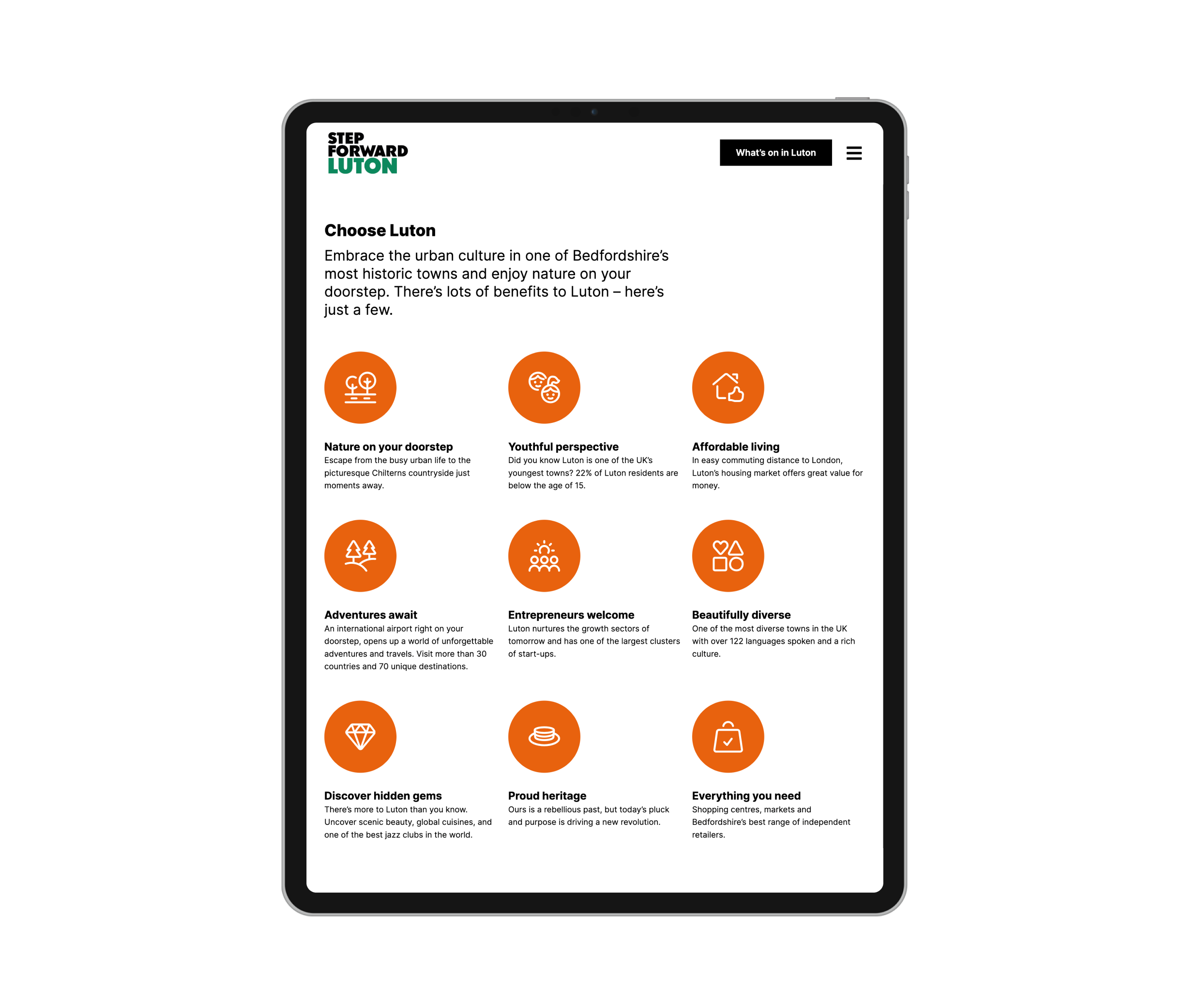 A screen grab showing icons as part of the Step Forward Luton brand identity