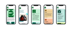 Five example screens of the Minority Rights Group website shown on iPhones