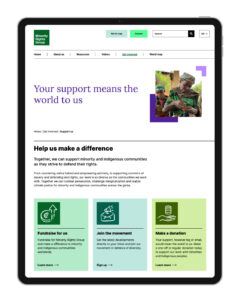 An example screen of the "Support us" page on the Minority Rights website shown on an iPad