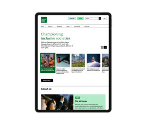 An example screen of the "Home" page on the Minority Rights website shown on an iPad