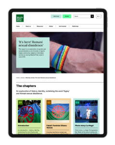 An example screen of a "Minority stories" page on the Minority Rights website shown on an iPad